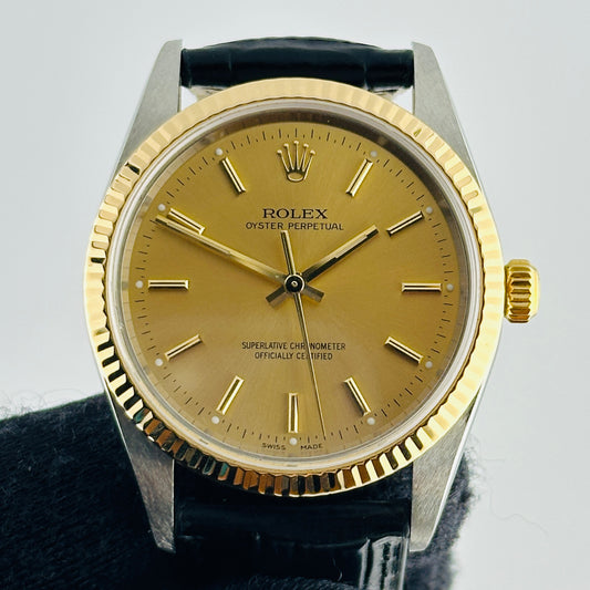 Rolex Oyster Perpetual Champagne Stick Dial on Generic Leather Band Ref. 14233 2000