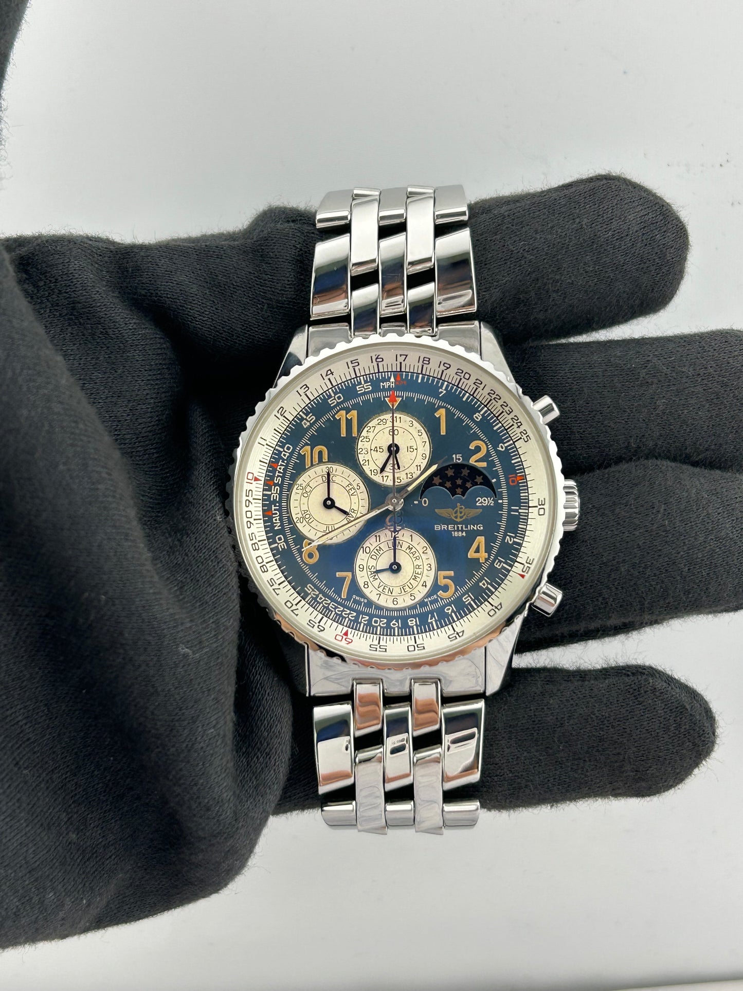 Breitling Navitimer Blue/Silver Dial on 5 Row Links Ref. A19022 Papers Open Date