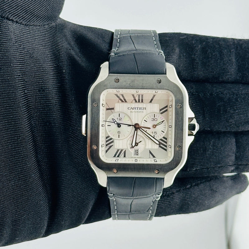 Cartier Santos XL Silver Roman Dial on Leather Ref 4183/WSSA0017 with Card 2021