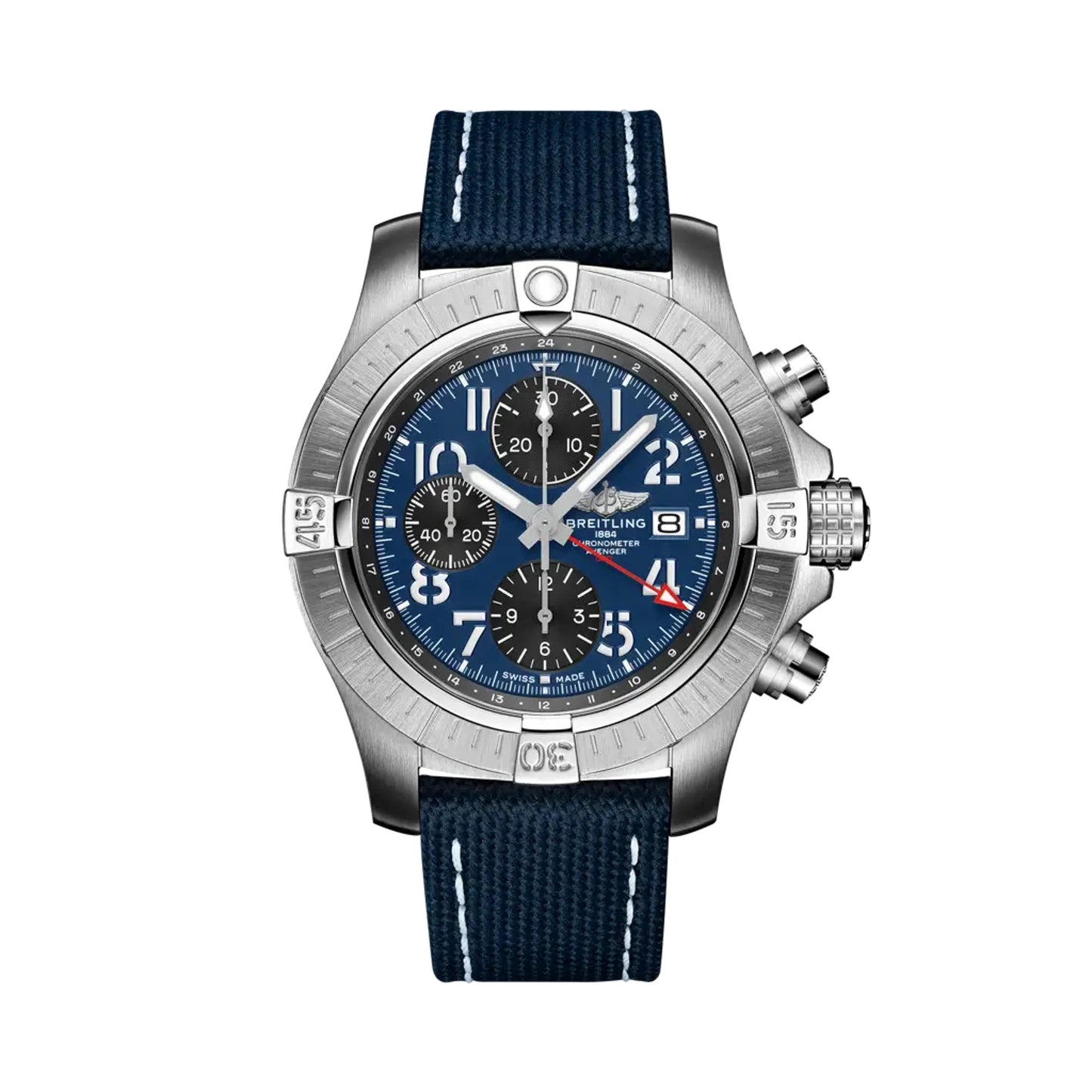 Breitling Avenger Chronograph GMT Blue Arabic Chronograph Dial on Brushed Ref. A24315101C1X1 Card 2023