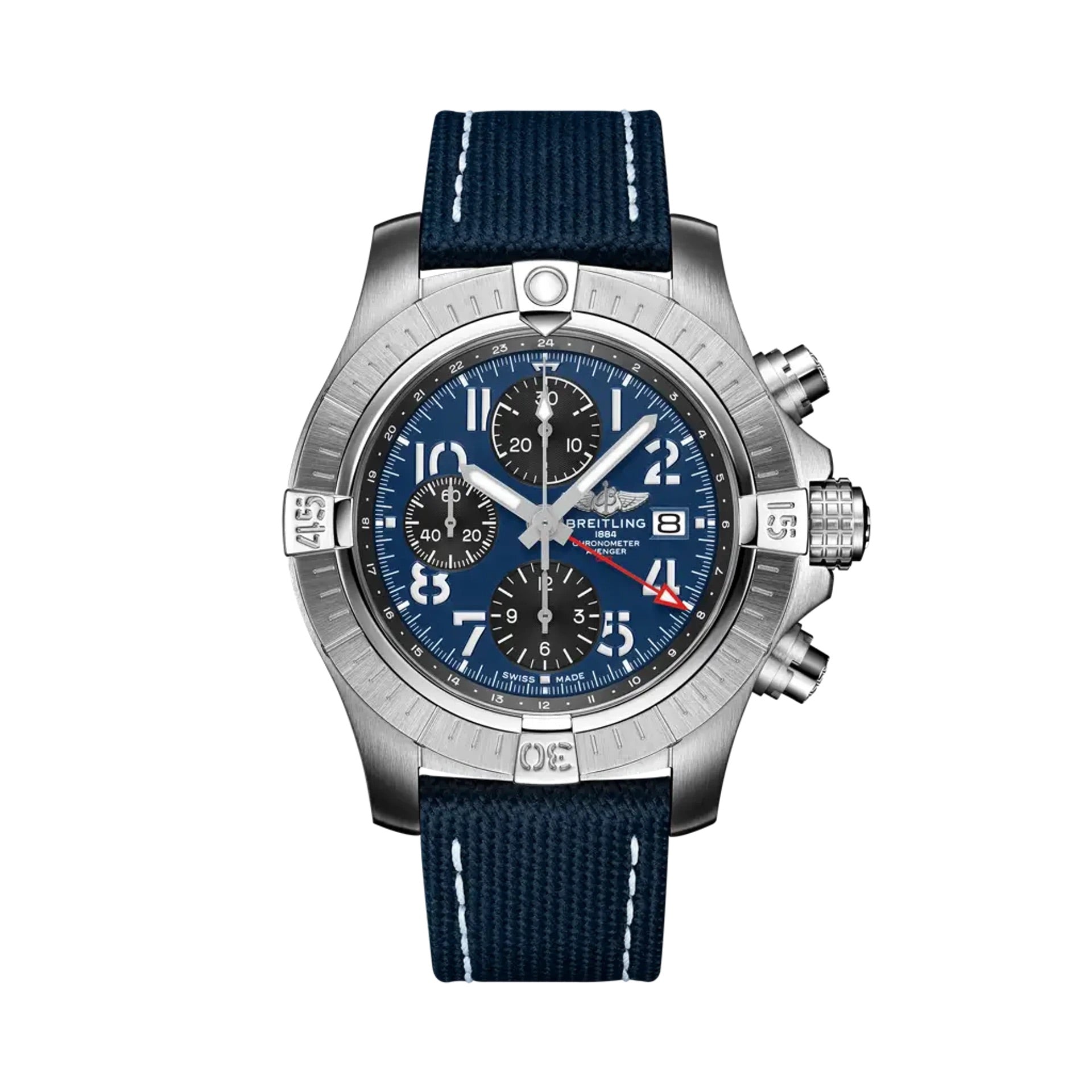 Breitling Avenger Chronograph GMT Blue Arabic Chronograph Dial on Brushed Ref. A24315101C1X1 Card 2023