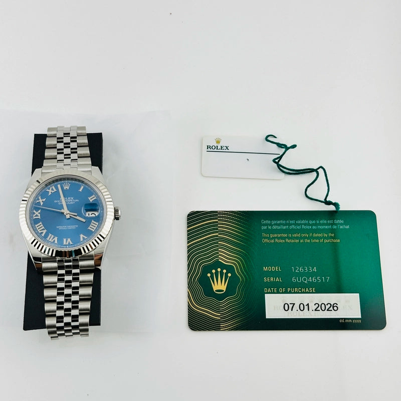 Rolex Datejust Blue Roman Dial on Jubilee Ref 126334 with New Style Card Green 2026