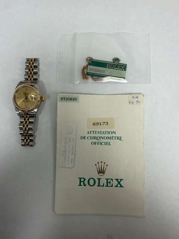 Rolex Datejust Lady Champagne Stick Dial on Jubilee Ref 69173 with Papers 1988