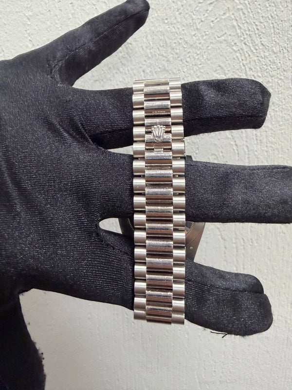 Rolex Day-Date 40 Ice Blue Diagonal Motif Index Dial on President Ref 228206 with New Style Card White 2019