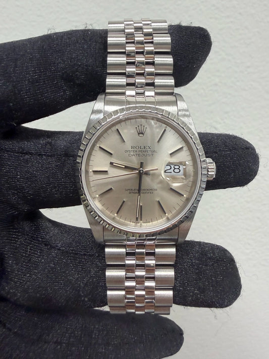 Rolex Datejust 36 Silver Stick Dial on Jubilee Ref 16220 with Papers 1996
