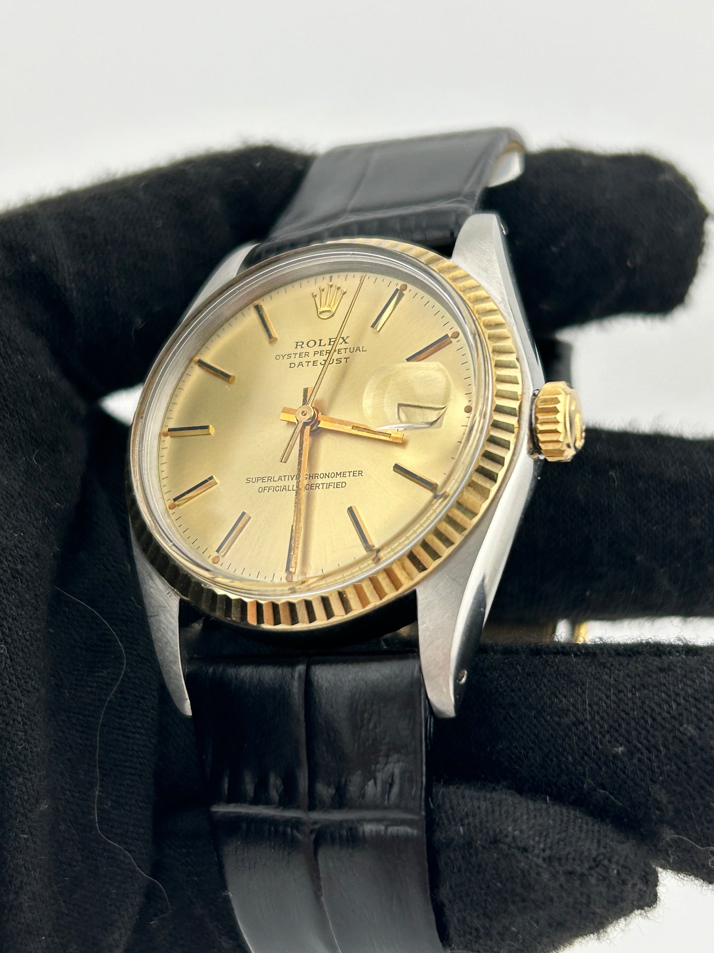 Rolex Datejust Champagne Stick Dial on Generic Black Leather Band Ref. 16013 1979 — view 2