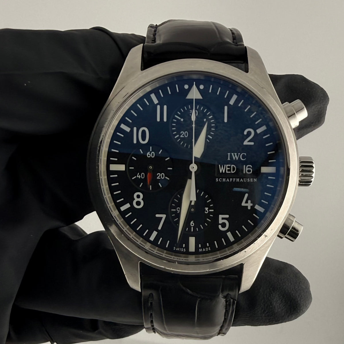 Iwc Pilot Spitfire Carbon Arabic Numeral Dial on Black Calfskin Band. Ref. IW371701 Manuals Only — view 3