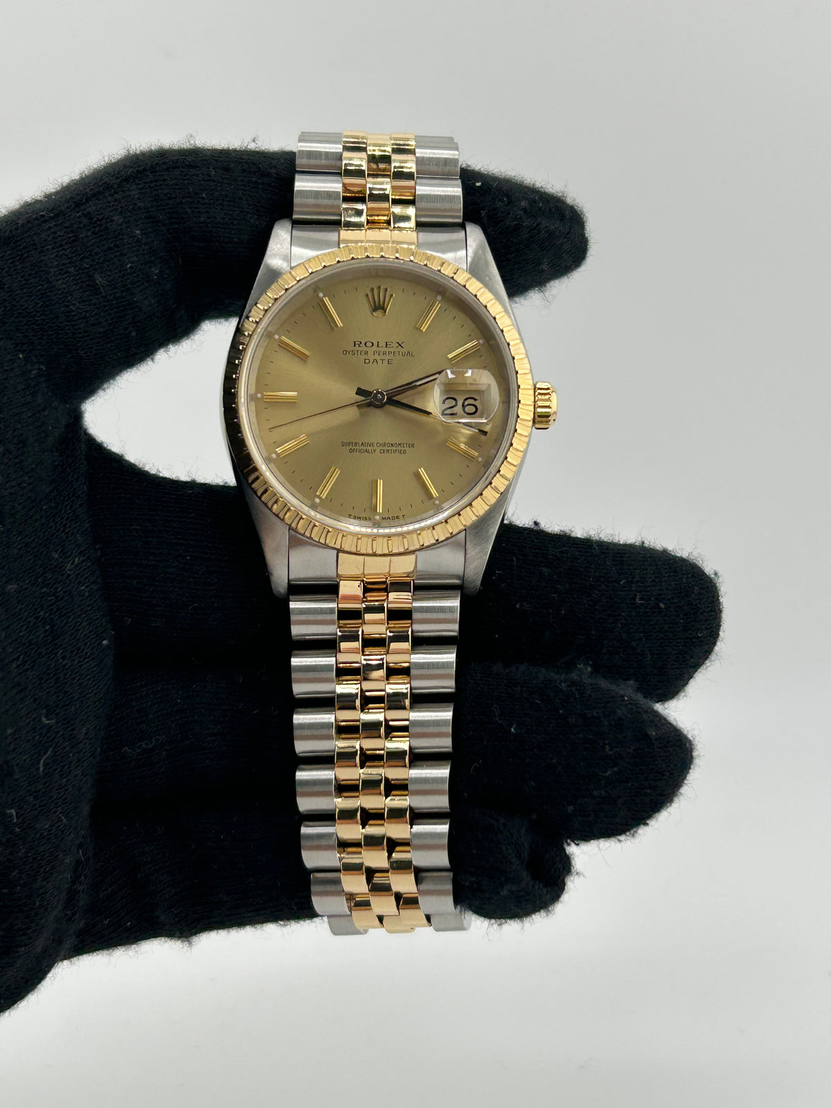 Rolex Oyster Perpetual Date Champagne Stick Dial on 2 Tone Jubilee D Link Bracelet Ref. 15223 1989