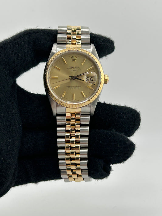 Rolex Oyster Perpetual Date Champagne Stick Dial on 2 Tone Jubilee D Link Bracelet Ref. 15223 1989