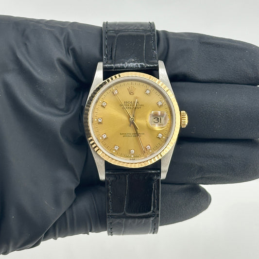 Rolex Datejust Champagne Diamond Factory Dial on Generic Black Leather Band Ref. 16233 1991