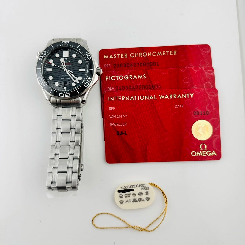 Omega Seamaster Diver 300M Co-Axial Master Chronometer Black Dial With Laser Engraved Waves Dial on Bracelet Ref 210.30.42.20.01.001 with Card