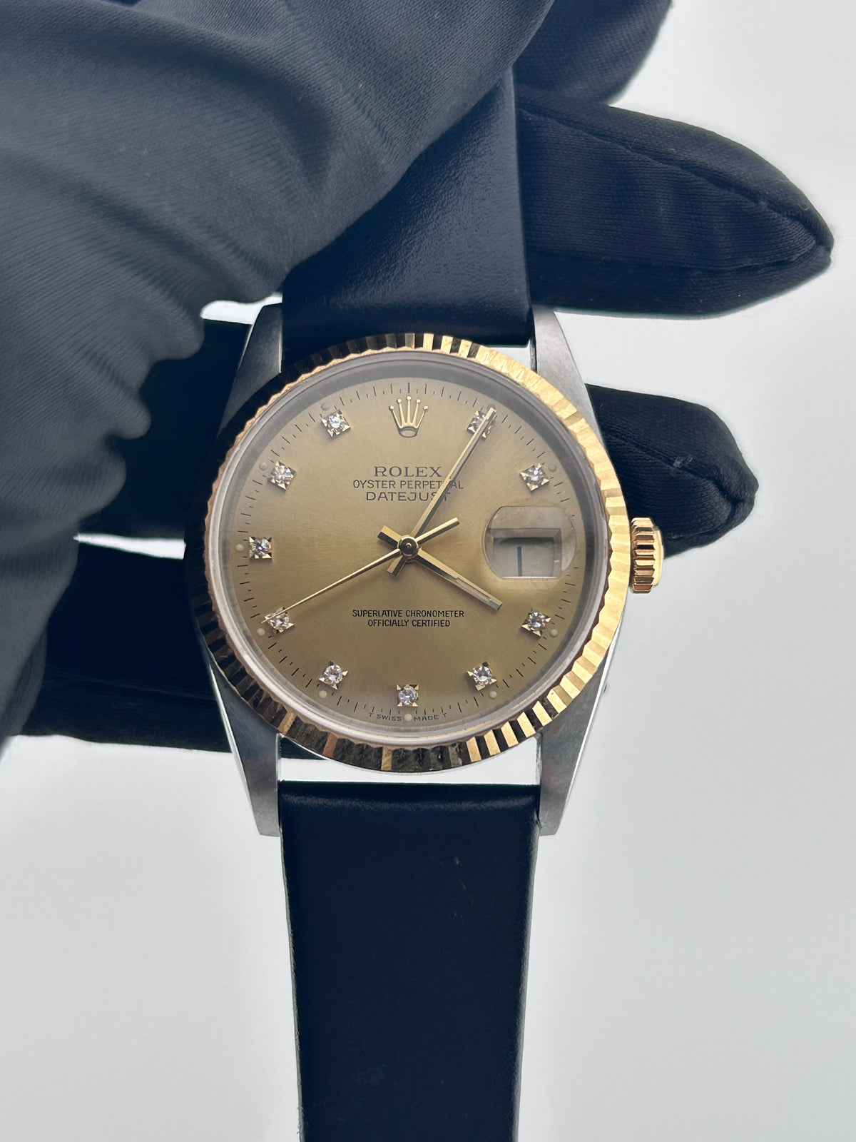 Rolex Datejust 36 Champagne Diamond Dial on Generic Black Leather Band Ref. 16233