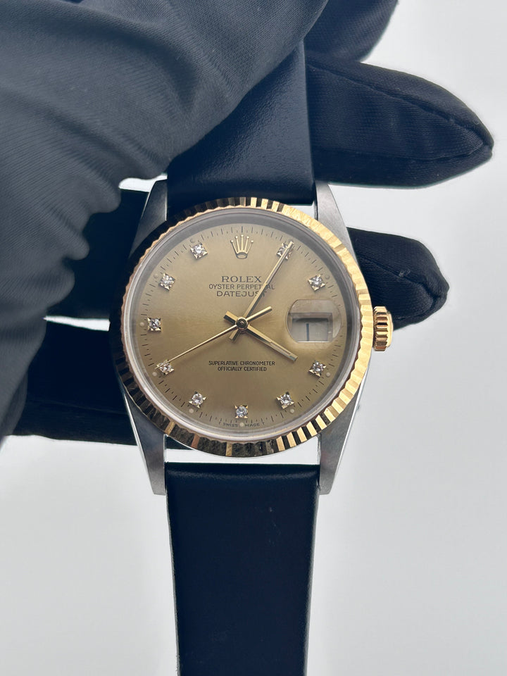 Rolex Datejust 36 Champagne Diamond Dial on Generic Black Leather Band Ref. 16233