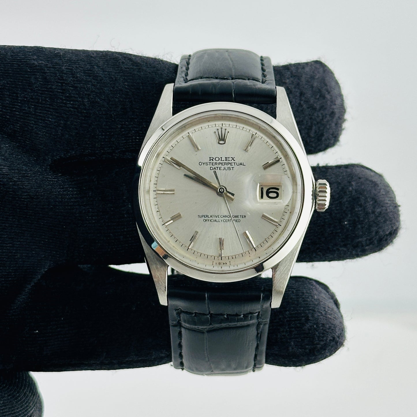 Rolex Datejust Silver Stick Dial on Generic Leather Band Ref. 1601 1970