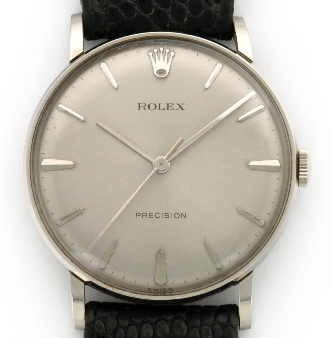 Rolex Precision Silver Stick Dial on Black Leather Strap Ref. 9829 1970