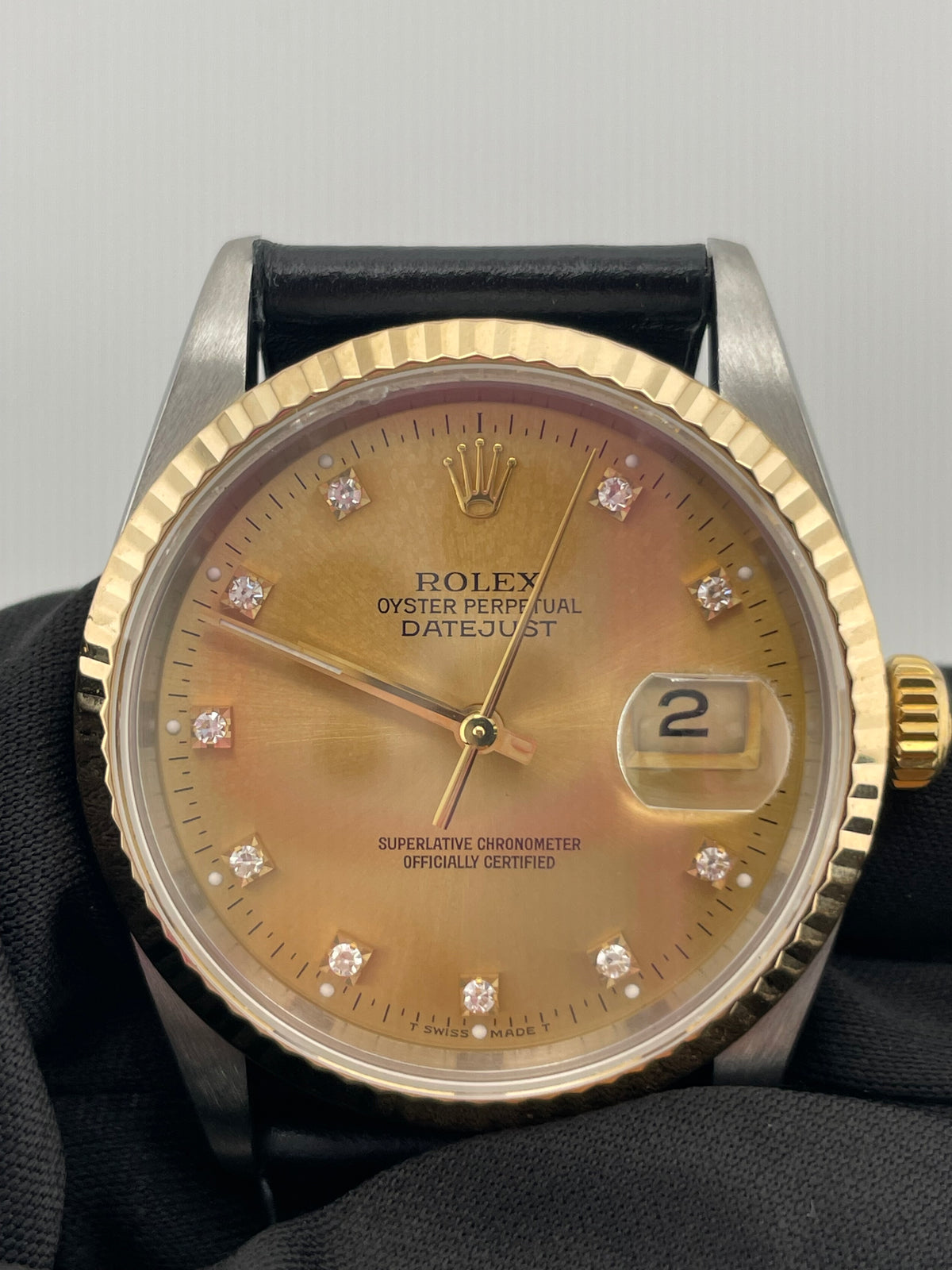 Rolex Datejust 36 Champagne Diamond Dial on Generic Black Leather Band Ref. 16233 1993