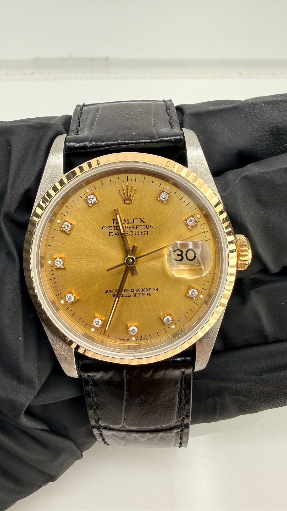 Rolex Datejust Champagne Diamond Factory Dial on Generic Black Leather Band Ref. 16233G 1991 — view 2