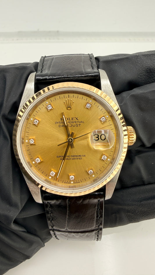 Rolex Datejust Champagne Diamond Factory Dial on Generic Black Leather Band Ref. 16233G 1991 — view 2