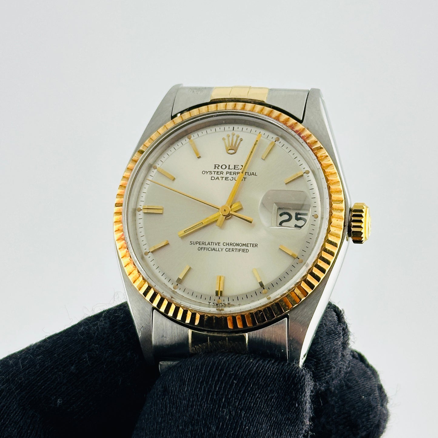 Rolex Datejust Silver / Gold Stick Dial on D Link Jubilee Bracelet Ref. 1601/3 Service Papers 1969 — view 2