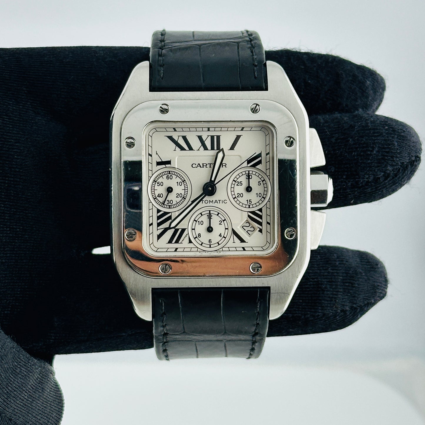 Cartier Santos 100 XL Silver Roman Chrono Dial on Leather Strap Ref. 2740 — view 2