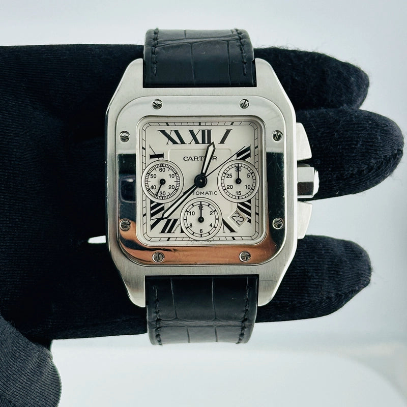 Cartier Santos 100 XL Silver Roman Chrono Dial on Leather Strap Ref 2740