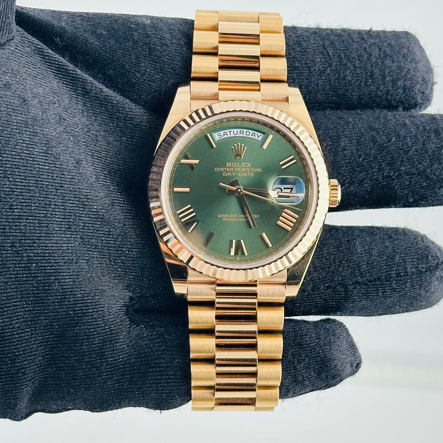 Rolex Day-Date Olive Green Roman Dial on President Bracelet Ref. 228235 Card 2021 — view 2