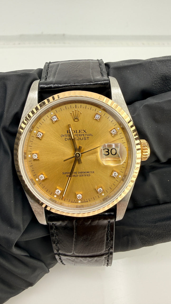 Rolex Datejust Champagne Diamond Factory Dial on Generic Black Leather Band Ref. 16233G 1993