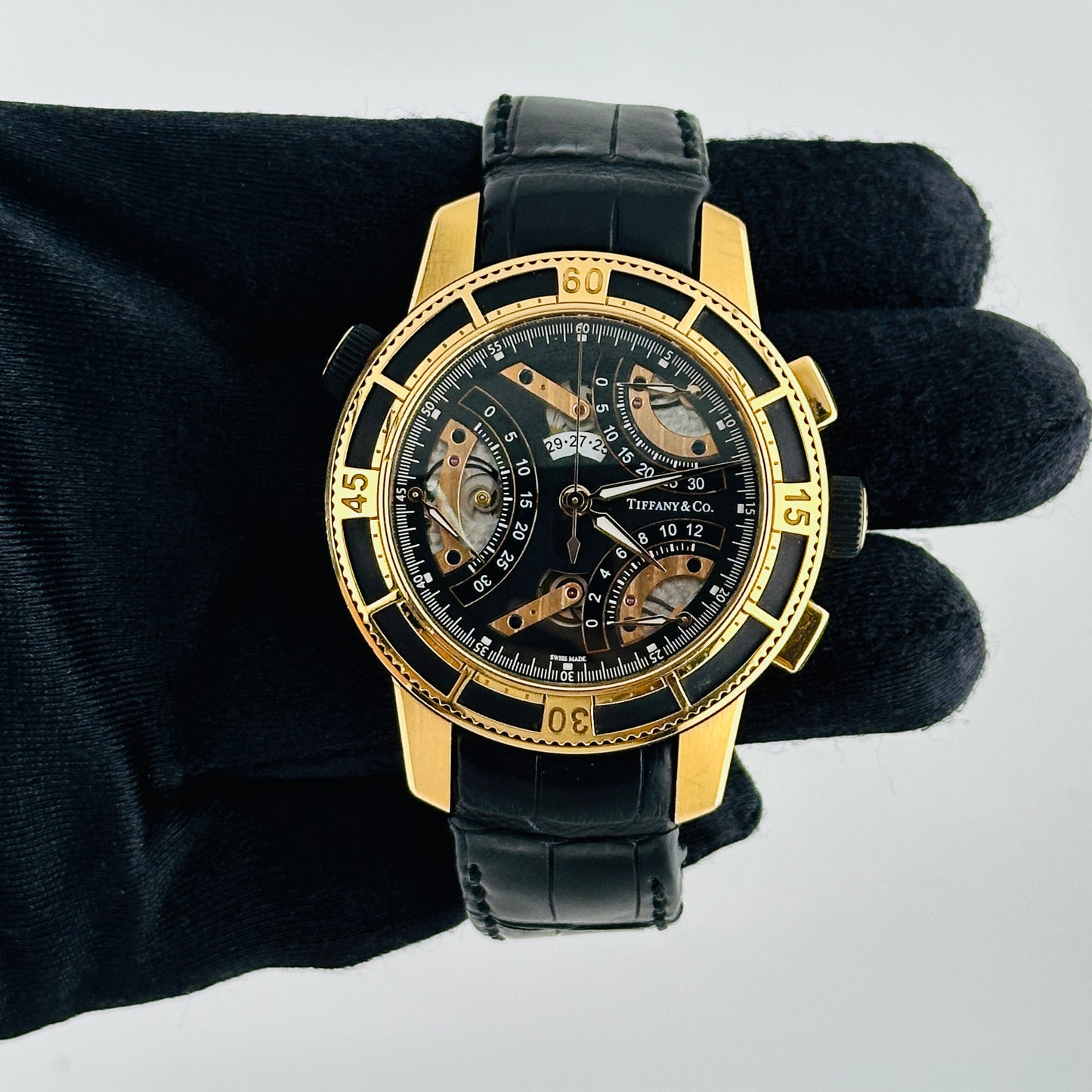 Tiffany & Co. Tri-Retrograde Black / Rose Dial on Leather Band Ref. T-57 — view 2