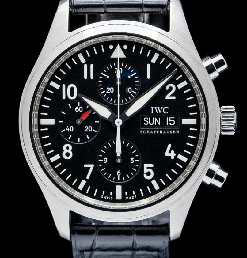 Iwc Pilot Spitfire Carbon Arabic Numeral Dial on Black Calfskin Band. Ref. IW371701 Manuals Only