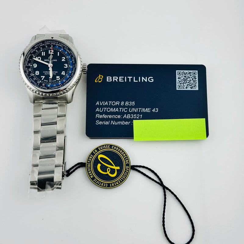 Breitling Aviator 8 B35 Unitime Blue Arabic Dial on Stainless Steel Bracelet Ref AB3521 with Card 2024