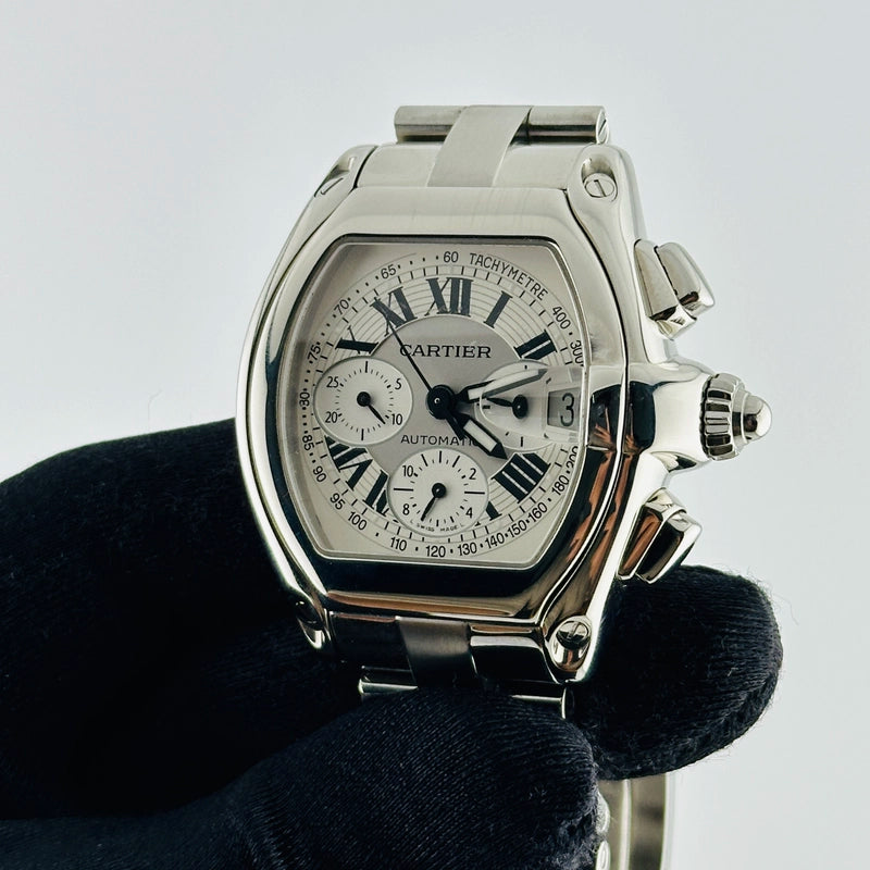 Cartier Roadster XL Chrono Silver Roman Numerals Dial on Stainless Steel Bracelet Ref 2618