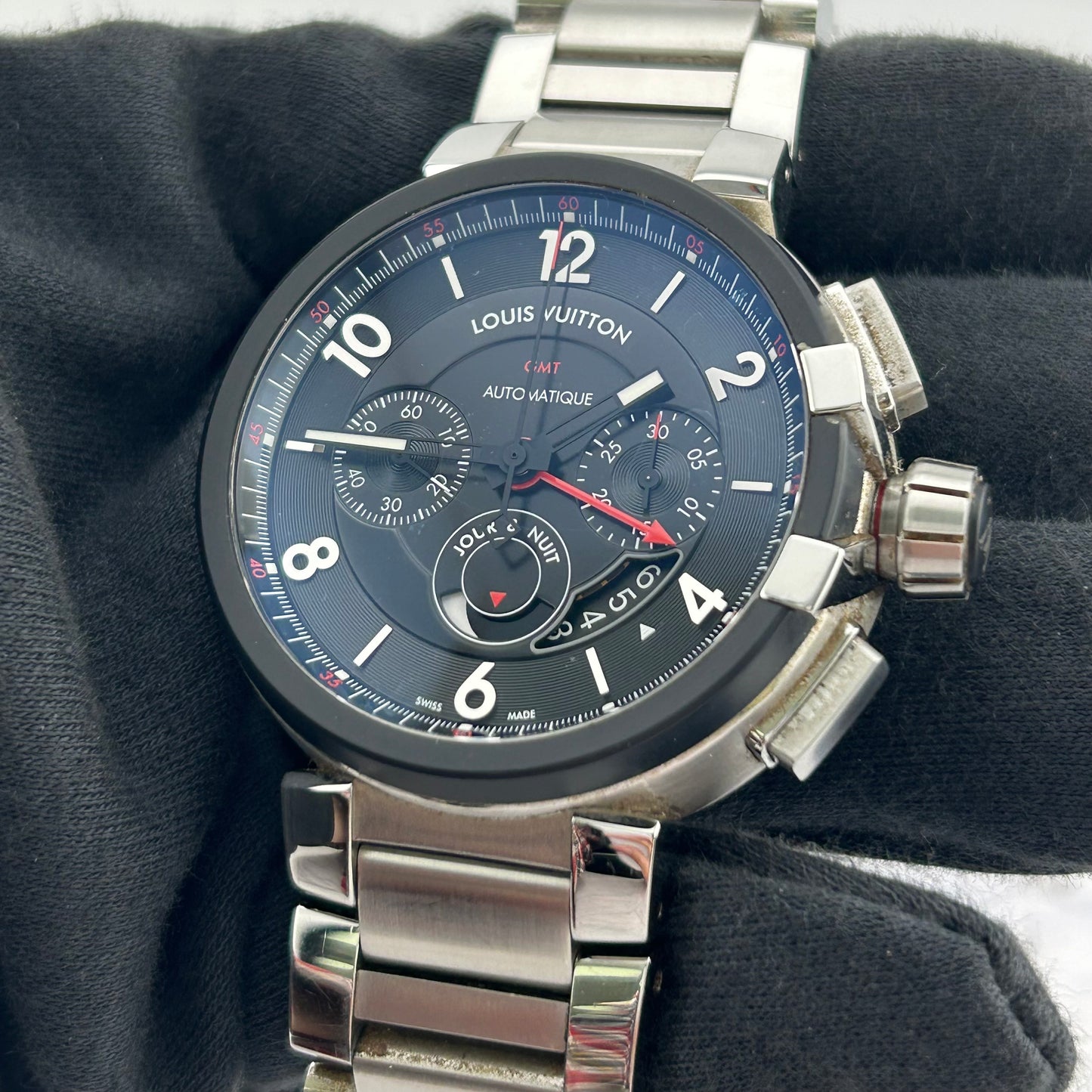 Louis Vuitton Tambour Chronograph GMT Black Dial on Stainless Steel Bracelet Ref. Q1052 Papers 2016 — view 3