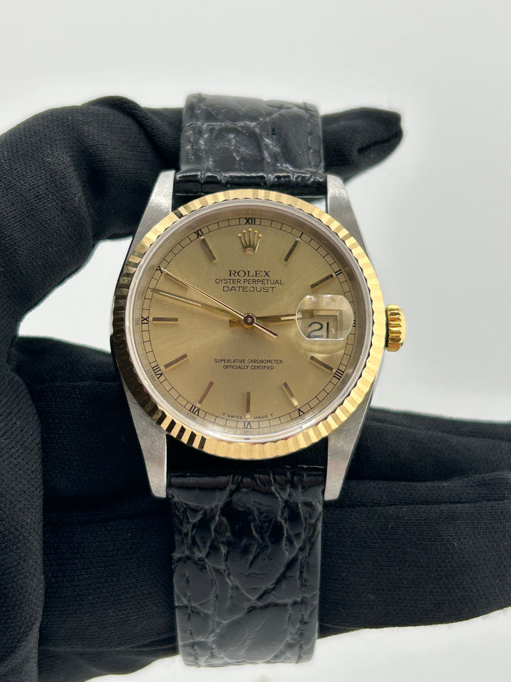 Rolex Datejust 36 Champagne Stick Dial on Generic Black Leather Strap Ref. 16233 1989