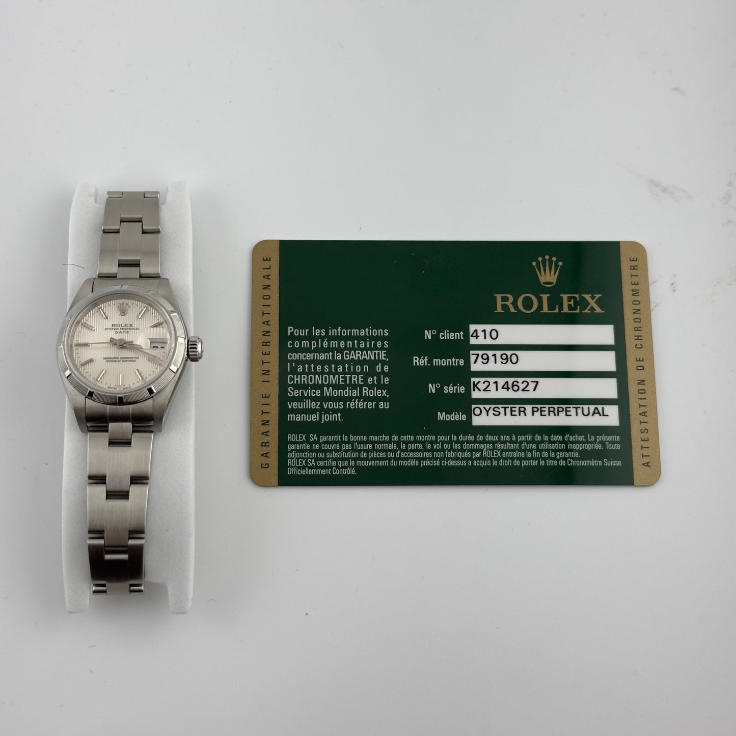 Rolex Oyster Perpetual Date Silver Tapestry Dial on Oyster Ref. 79190 Card 2010 — view 4