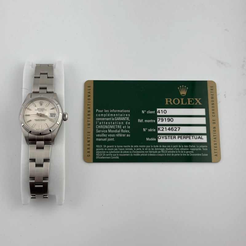 Rolex Oyster Perpetual Date Silver Tapestry Dial on Oyster Ref 79190 with Card Old Green 2010