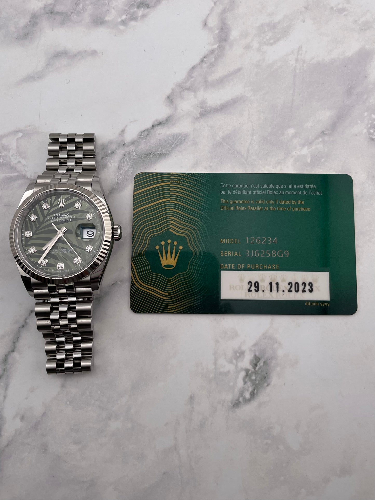 Rolex Datejust Olive Green Palm Motif Diamond 6 Dial on Jubilee Ref. 126234 Card 2023 — view 7