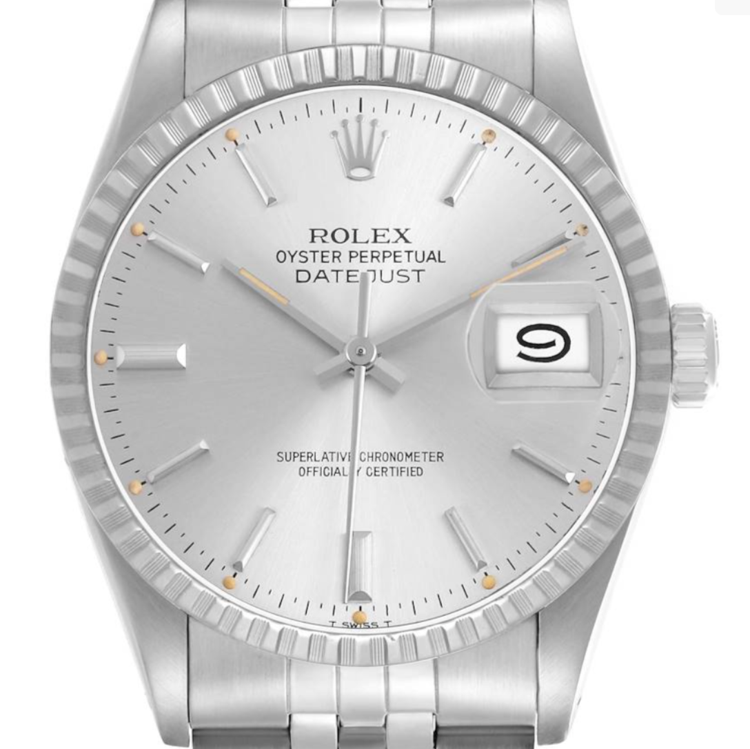Rolex Datejust 36 Silver Stick Dial on Generic Black Leather Strap Ref. 16030 1981