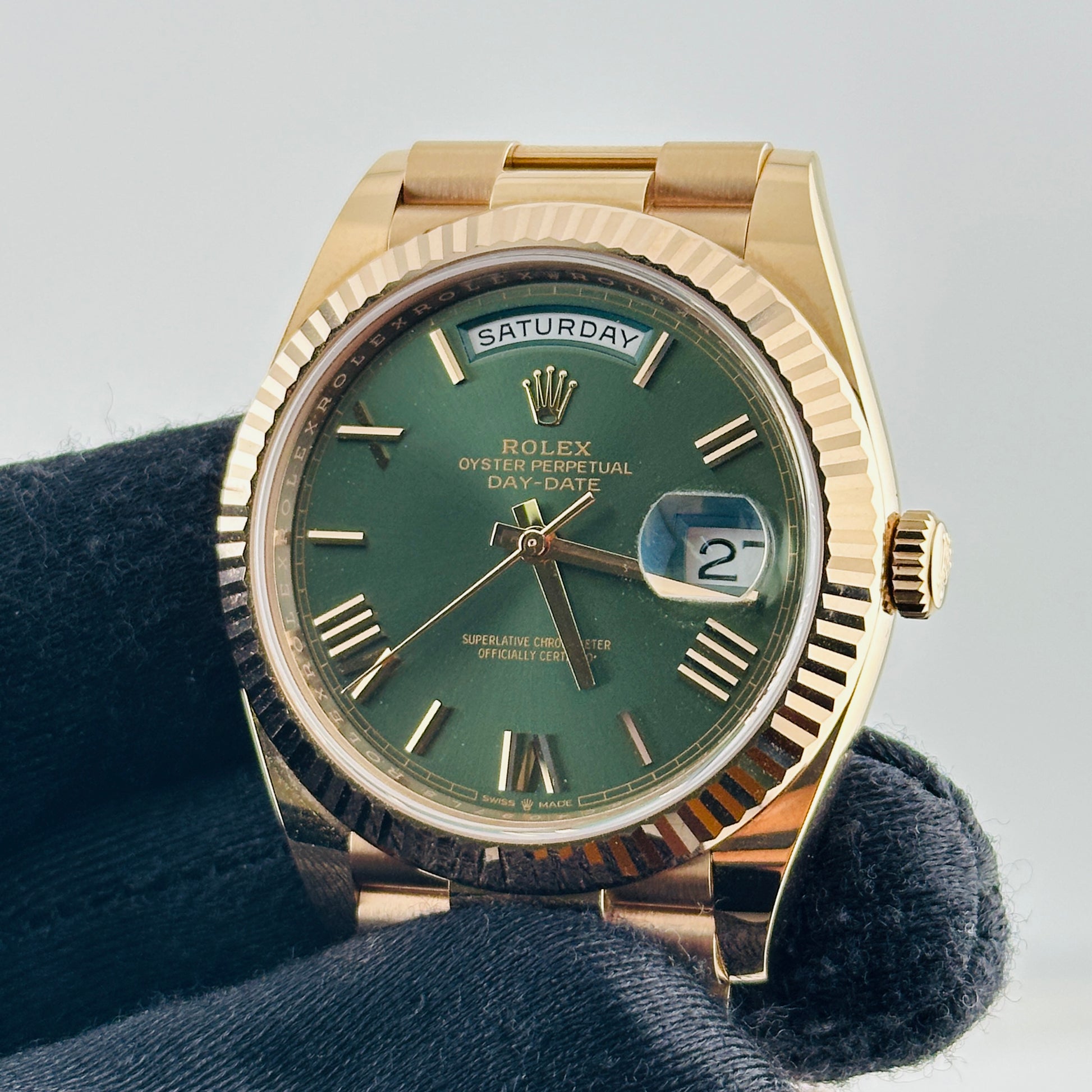 Rolex Day-Date Olive Green Roman Dial on President Bracelet Ref. 228235 Card 2021 — view 3