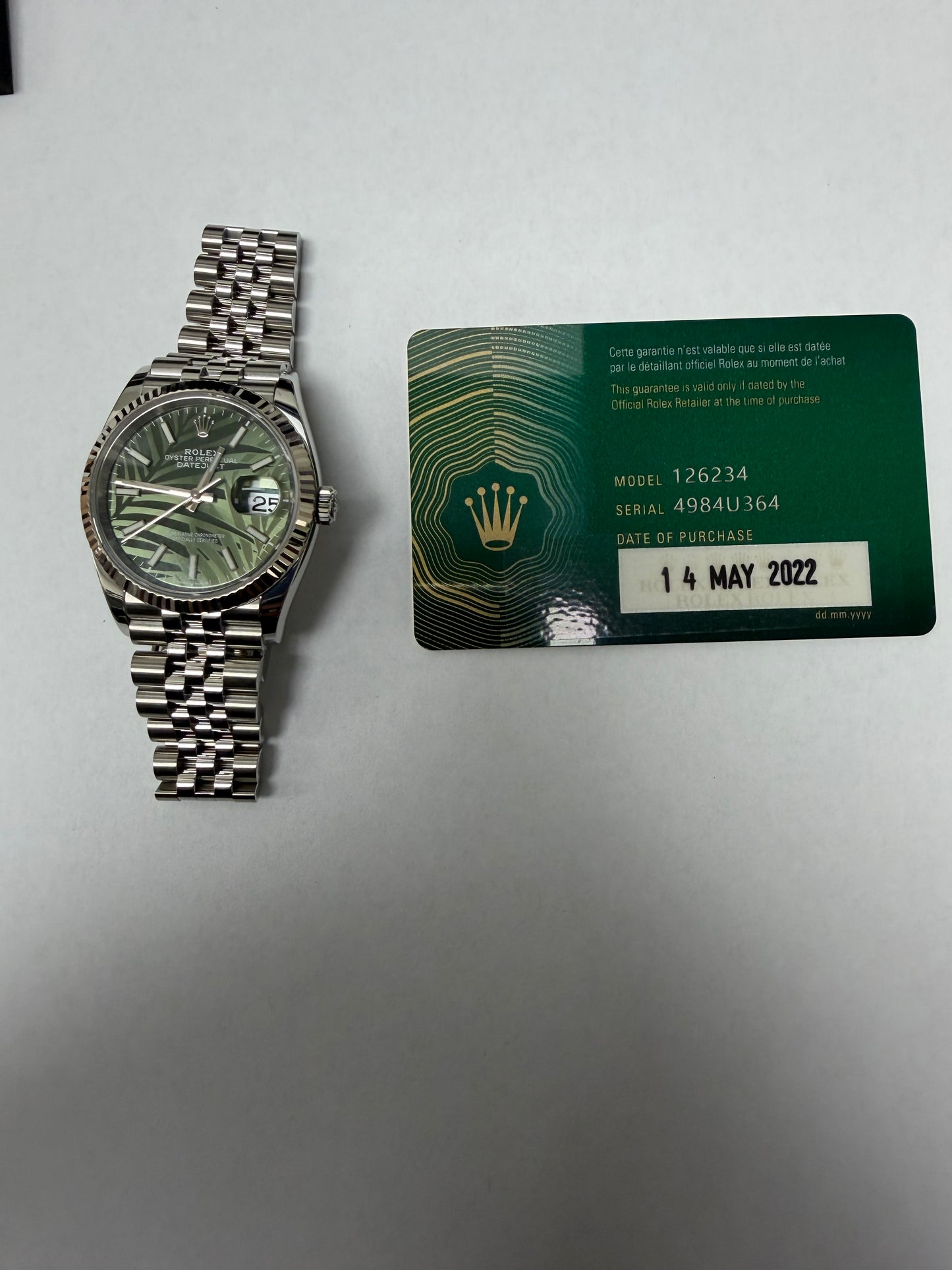 Rolex Datejust Olive Green Palm Motif Dial on Jubilee Ref. 126234 Card 2022 — view 5