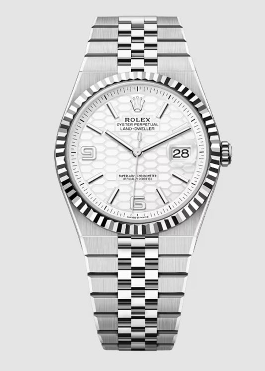 Rolex Land-Dweller White Honeycomb Dial on Flat Jubilee Ref 127334 with New Style Card Green 2026