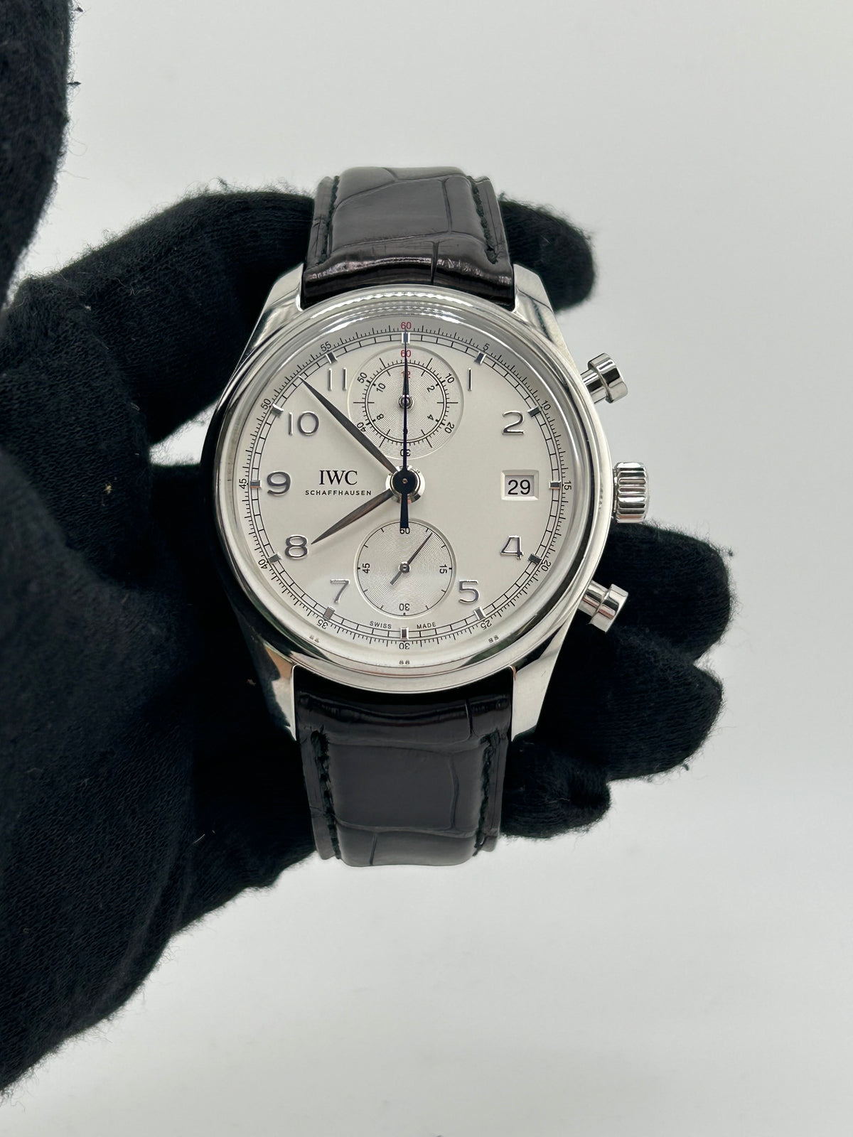 Iwc Portugieser Chronograph Classic Silver Dial on Black Leather Strap Ref. 1W390403 — view 2