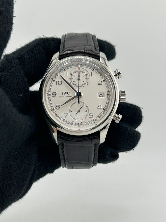 Iwc Portugieser Chronograph Classic Silver Dial on Black Leather Strap Ref. 1W390403 — view 2