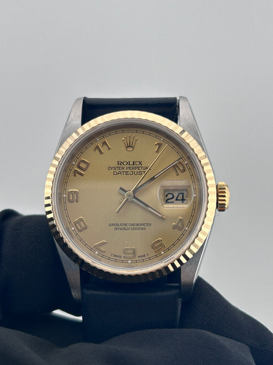 Rolex Datejust 36 Champagne Arabic Dial on Generic Black Leather Band Ref. 16233 — view 2