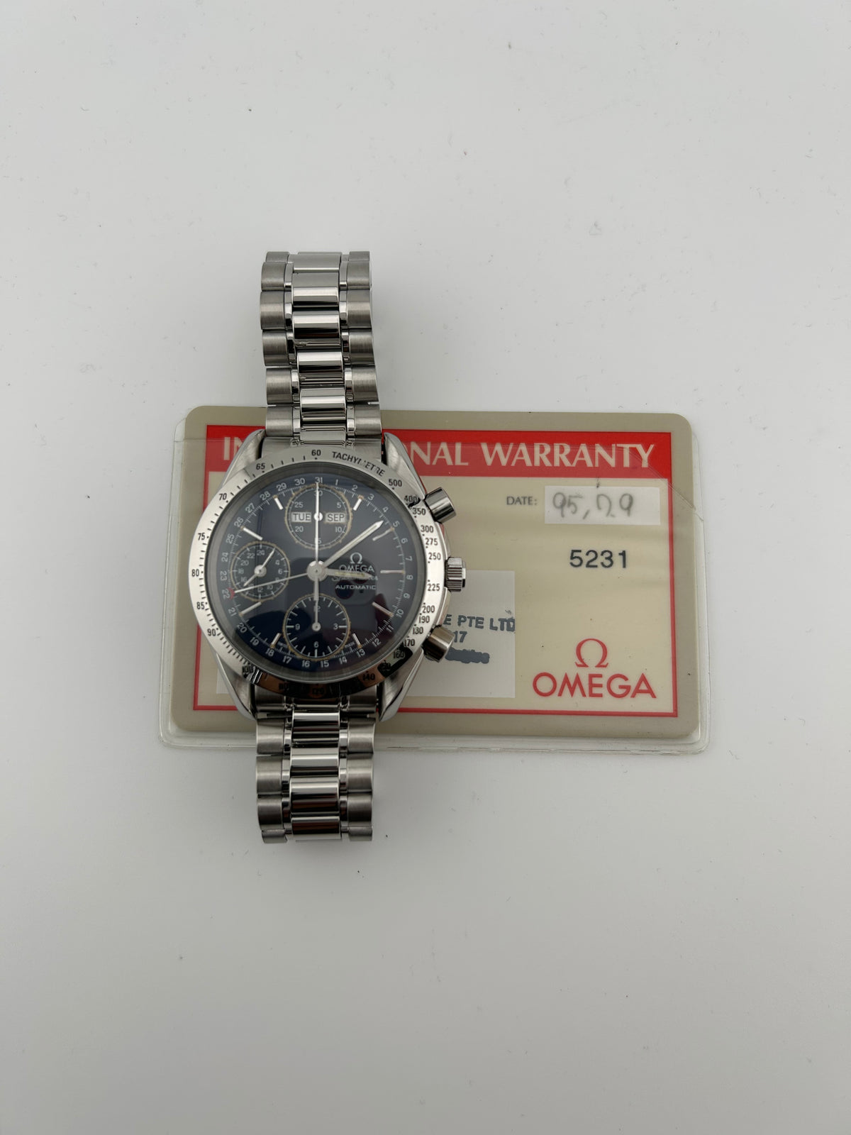 Omega Speedmaster Day Date Blue Dial on Stainless Steel Bracelet Ref. 3521.80.00 Card 1995 — view 7