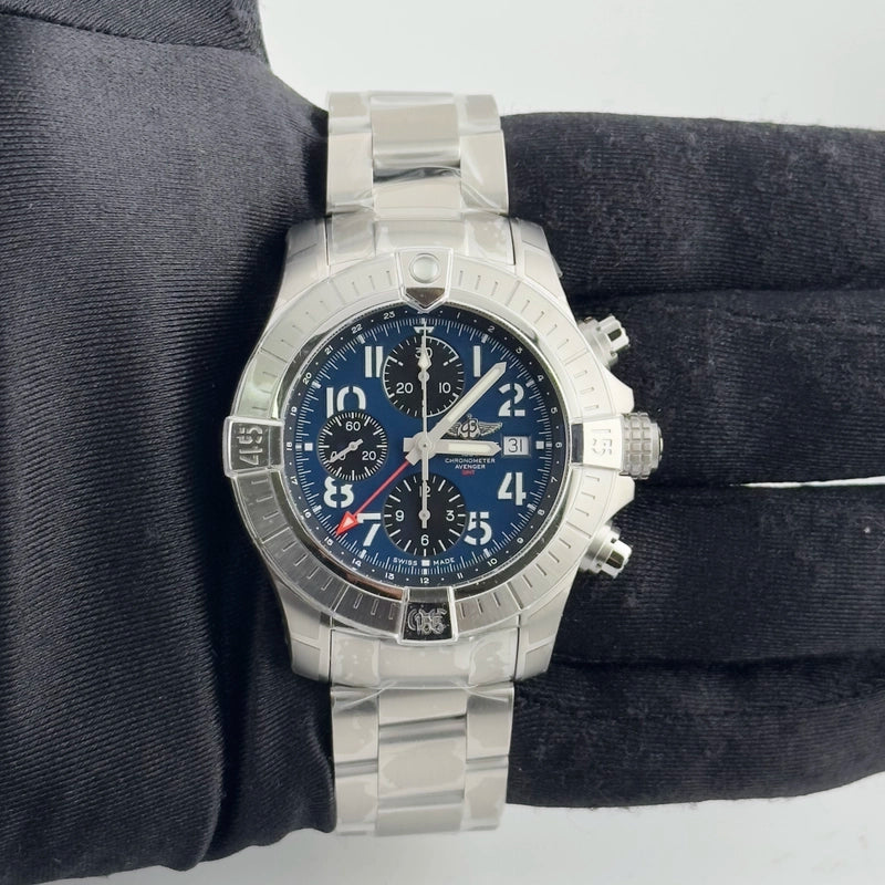 Breitling Avenger Chronograph GMT Blue Arabic Chronograph Dial on Brushed Ref A24315 with Card 2023