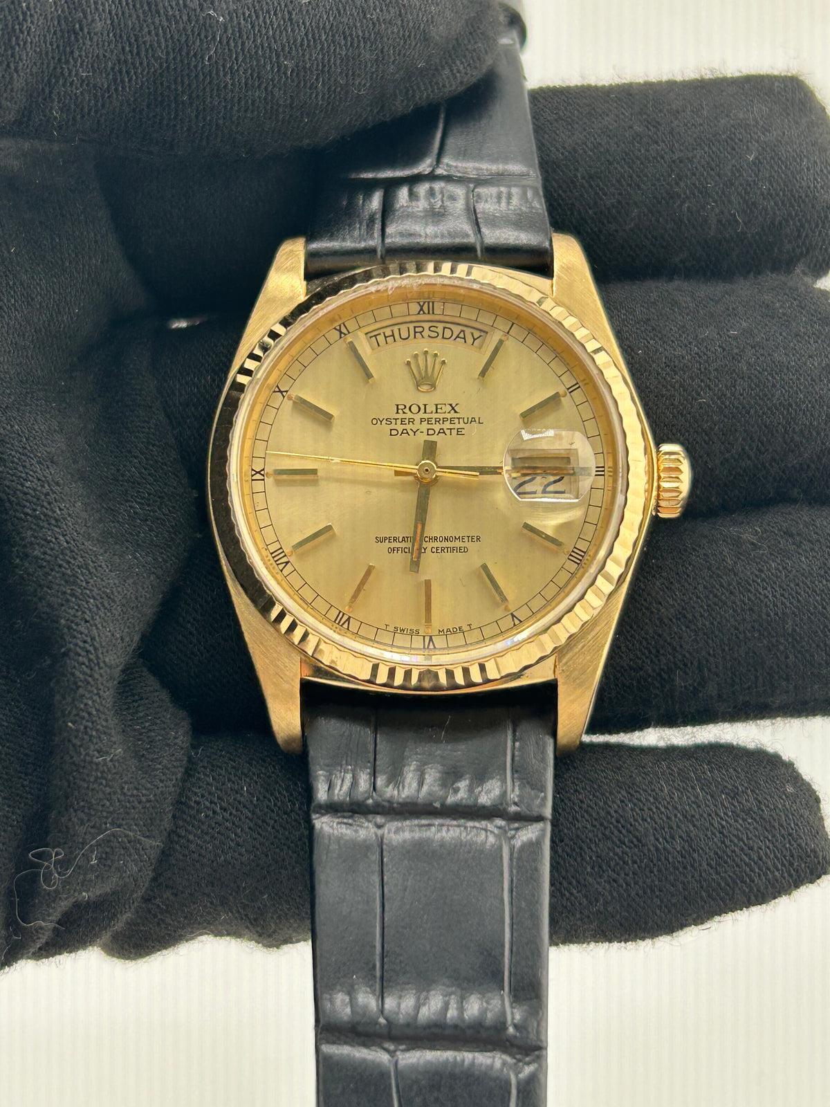 Rolex Day Date 36 Champagne Stick Dial on Generic Black Leather Strap Ref. 18038 1984 — view 2