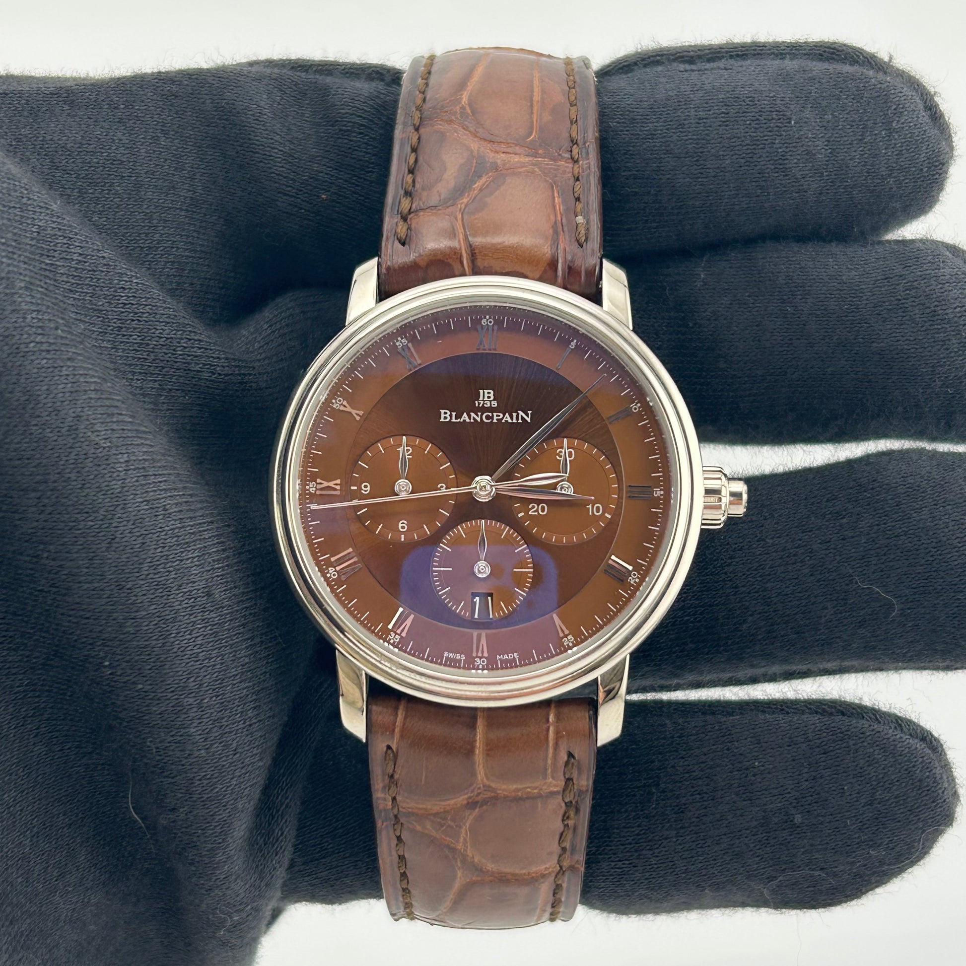 Blanc Pain Villeret Chrono Brown Roman Dial on Brown Leather Ref. 6185-1546A-55B Card 2019 — view 2