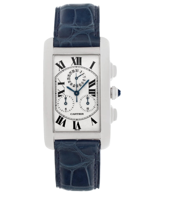 Cartier Tank Americaine Chronograph White Roman Dial on Midnight Blue Leather Ref 2312