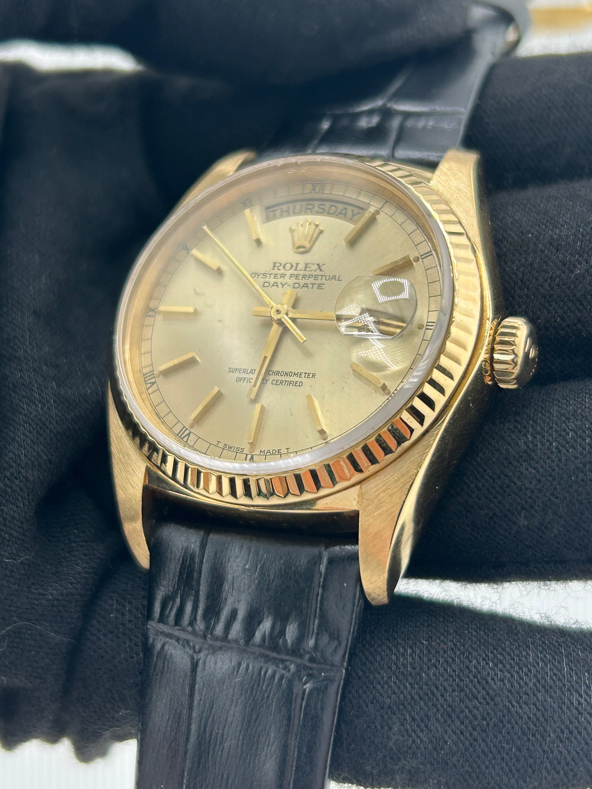 Rolex Day Date 36 Champagne Stick Dial on Generic Black Leather Strap Ref. 18038 1984 — view 3