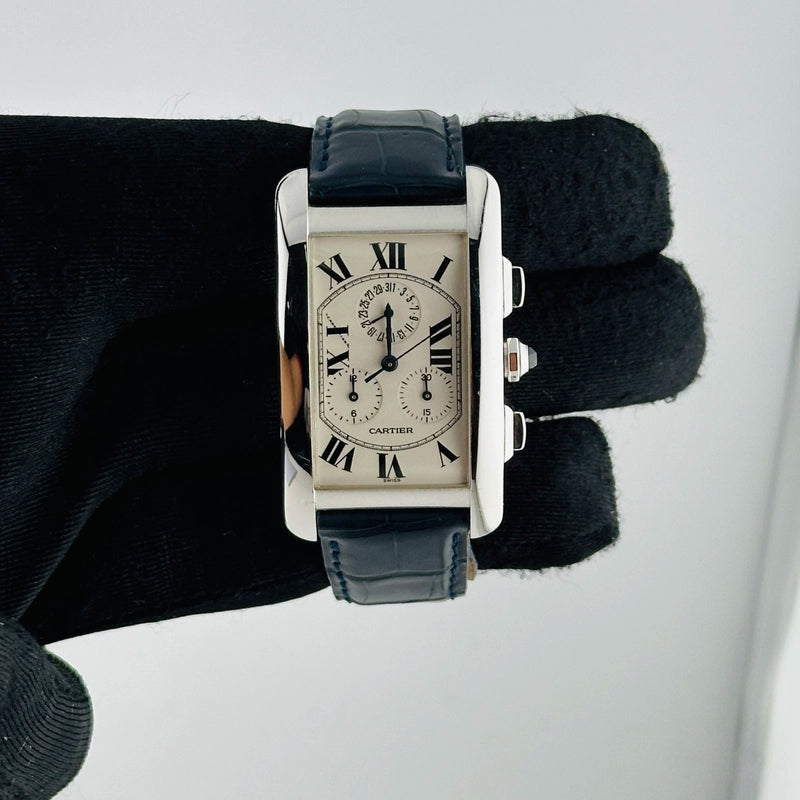 Cartier Tank Americaine Chronograph White Roman Dial on Midnight Blue Leather Ref 2312